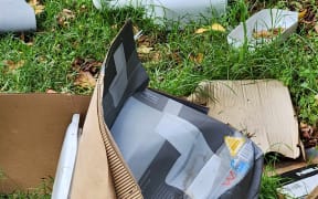 Cardboard and rubbish lying on grass.