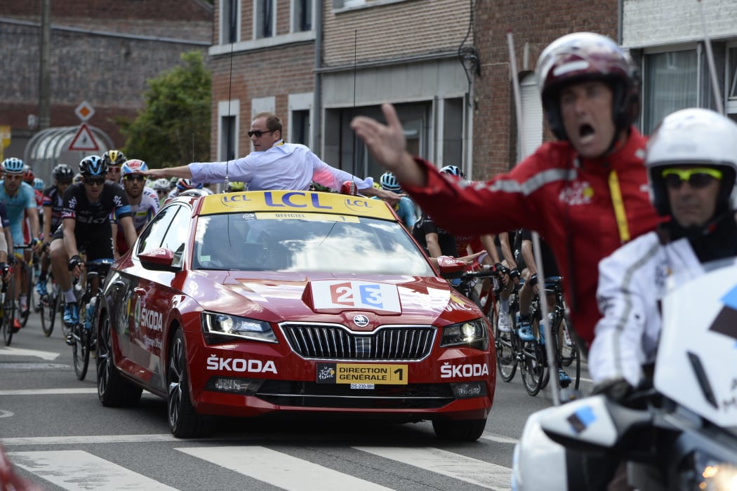 Christian Prudhomme, cycling director of ASO (Amaury Sport Organisation) pictured as the stage was neutralized after a pile up.