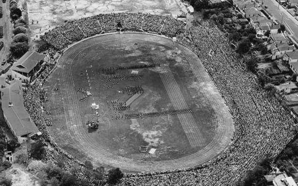 An aerial view of the opening ceremony of the IV British Empire Games at Eden Park in Auckland, New Zealand, 4th February 1950. (Photo by Central Press/Hulton Archive/Getty Images)