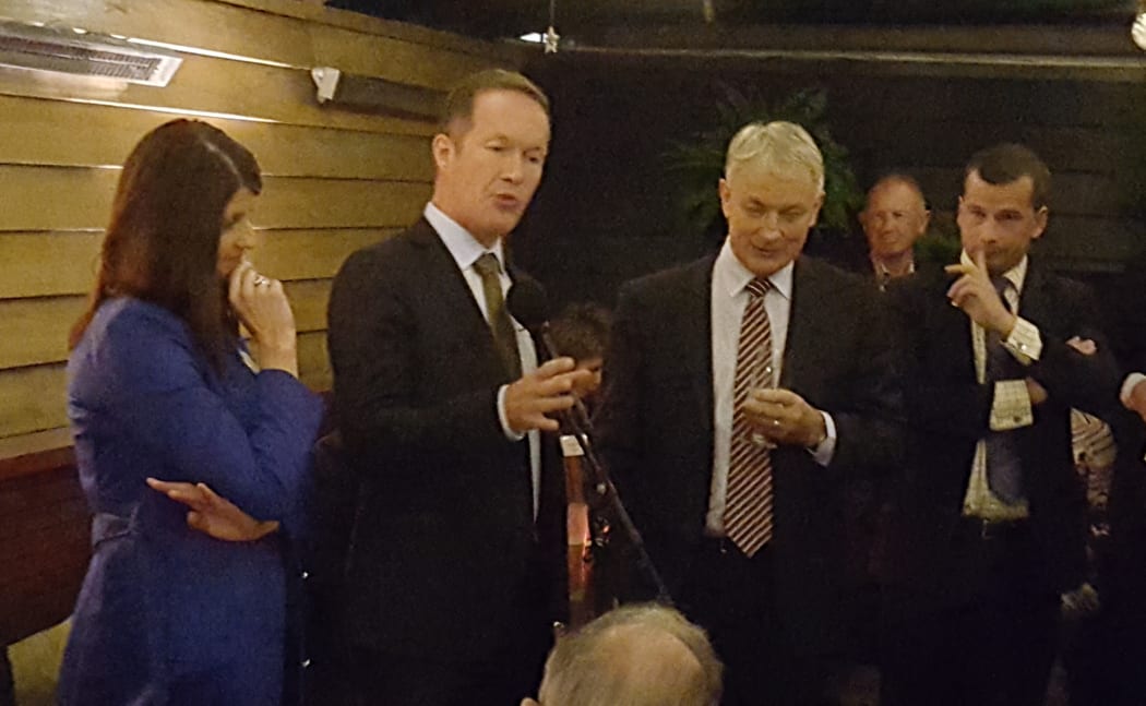 Auckland mayoral candidates, from left: Vic Crone, Mark Thomas and Phill Goff with ACT leader David Seymour, right.