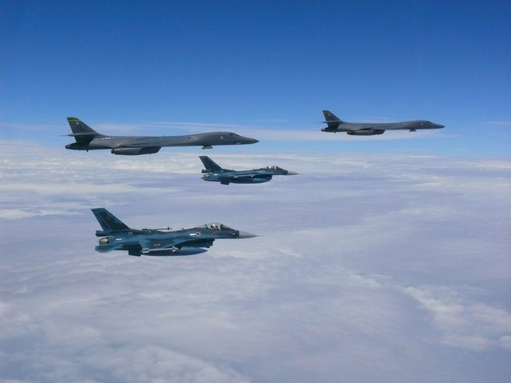 US Air Force B-1B Lancers flying on patrol near the Korean peninsula.