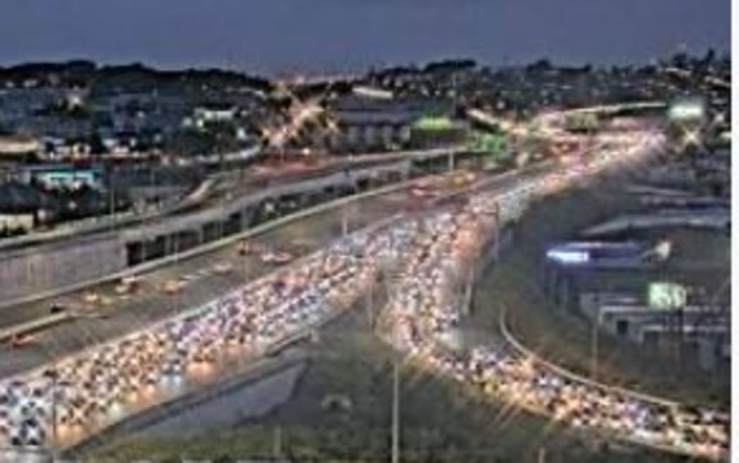 Traffic backed up at the Greville Road area of Auckland's Northern Motorway after a crash on the afternoon of 11 July.