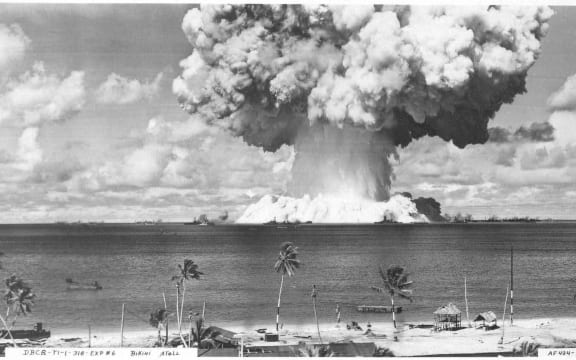 The "Baker" underwater nuclear weapons test at Bikini Atoll in 1946. Dozens of World War II vessels were used as targets for this weapons test, and now lie on the atoll's lagoon floor. Photo: US Navy.