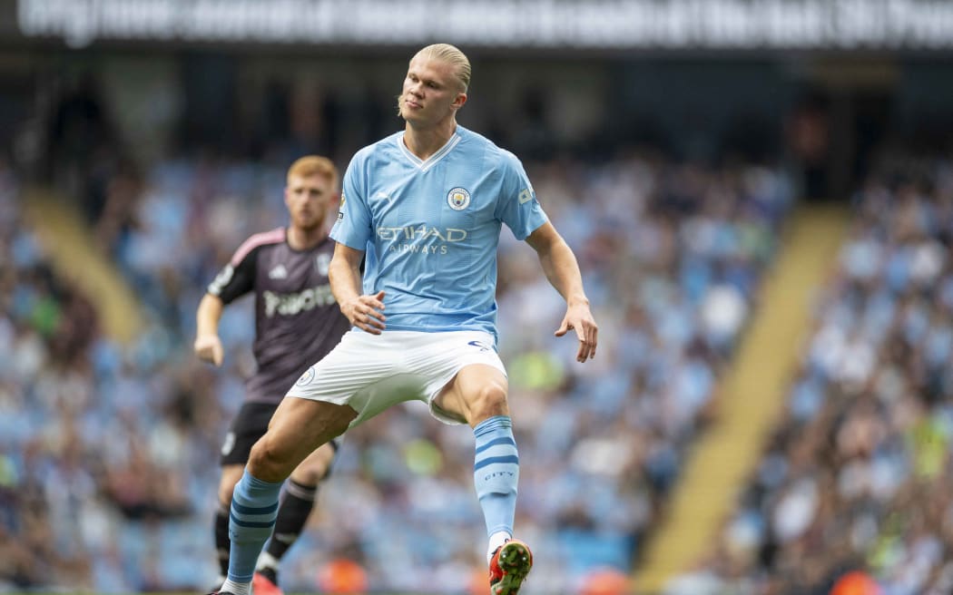 Erling Haaland #9 of Manchester City in action during the Premier League match between Manchester City and Fulham at the Etihad Stadium, Manchester on Saturday 2nd September 2023. (Photo by Mike Morese/MI News/NurPhoto) (Photo by MI News / NurPhoto / NurPhoto via AFP)