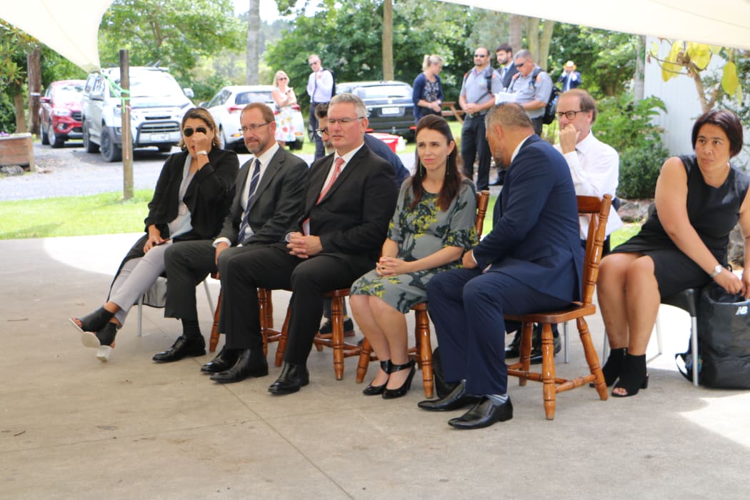 Prime Minister Jacinda Ardern and her top ministers at the Iwi Chairs Forum hui in Waitangi today.