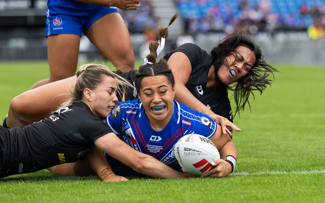 Fetu Samoa Shalom Sauaso goes over to score a try during the Paciﬁc Championships rugby league test between New Zealand Kiwis v Toa Samoa at Go Media Stadium, Auckland, New Zealand.