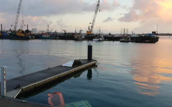 The Auckland waterfront on Tuesday morning after a wind blast being described as a tornado sent a ferry adrift, and blew shipping containers into the sea.
