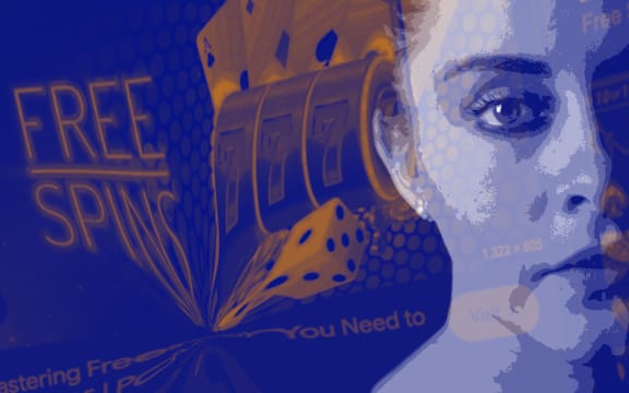 Stylised composite of worried face and casino advertising
