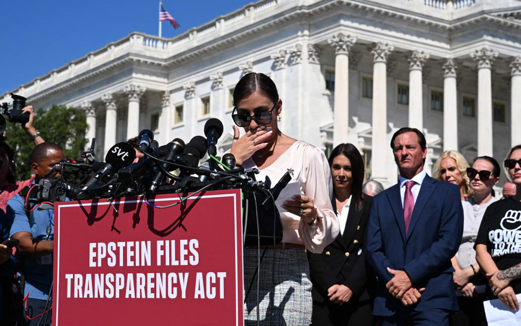 Marina Lacerda, accuser in the Jeffrey Epstein case, speaks during a press conference and rally in support of the victims of sex offender Jeffrey Epstein and his accomplice Ghislaine Maxwell outside the US Capitol in Washington, DC on 3 September, 2025.