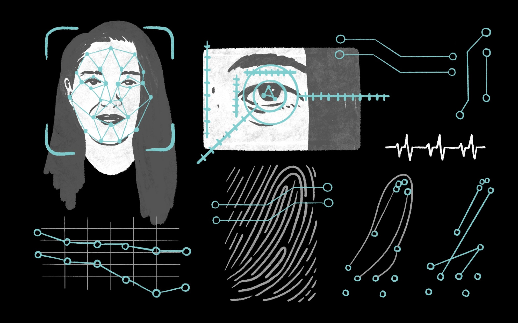 生物特征数据和面部识别技术的风格化插图