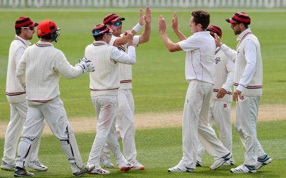 Canterbury pace bowler Will Williams celebrates the wicket of Andrew Fletcher of the Wellington Firebirds during Day 3 of thePlunket Shield cricket match, Hagley Oval, Christchurch, New Zealand, 30th October 2020.