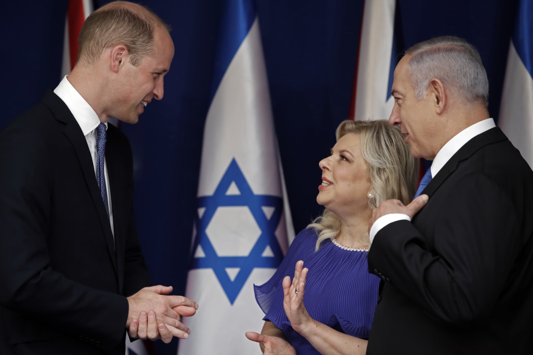 Prince William meets with Israeli Prime Minister Benjamin Netanyahu and his wife Sara on 26 June, 2018 in Jerusalem.