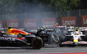 New Zealand driver Liam Lawson avoids a crash between Max Verstappen and Kimi Antonelli at the 2025 Austrian Grand Prix