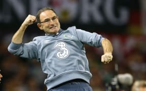 Ireland football manager Martin O'Neill celebrates win over Germany 2015.
