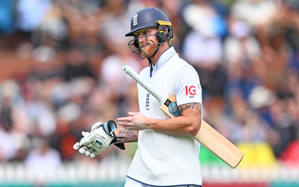 England's Ben Stokes reacts after being dismissed on the first day of the second cricket test between New Zealand and England at the Basin Reserve.