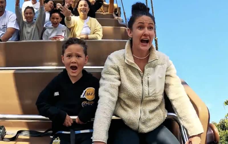 Gus Thornton, 7, and his mum, Nicky Park, are amongst the first passengers on the new pirate ship ride at Rainbow's End.