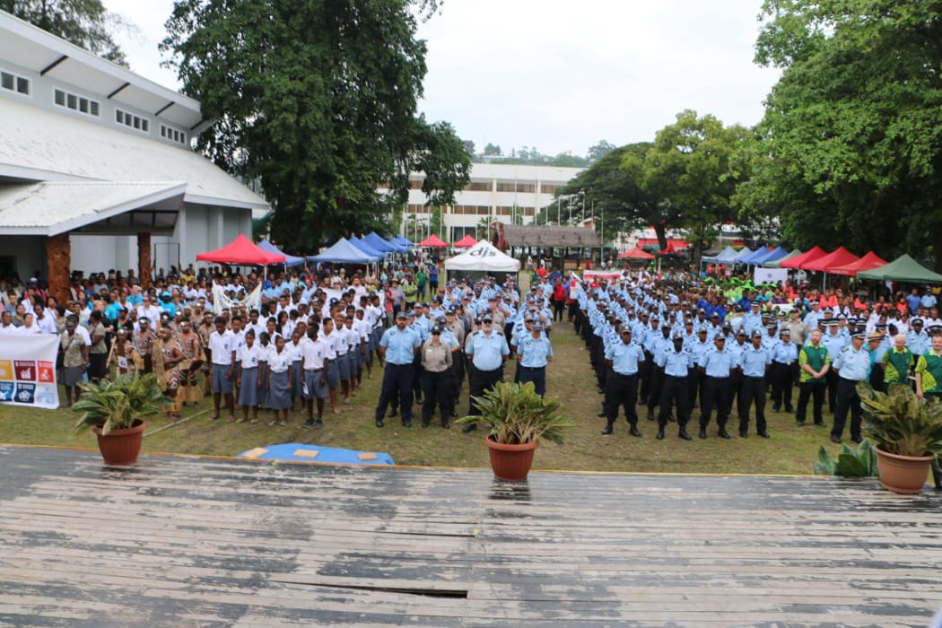 Police stand at attention after the farewell RAMSI parade.