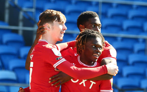 James Garner of Nottingham Forest celebrates with team mates.
