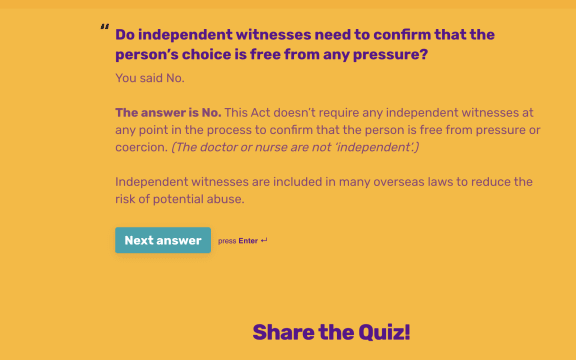 One of the questions in votesafe.nz's quiz on euthanasia.