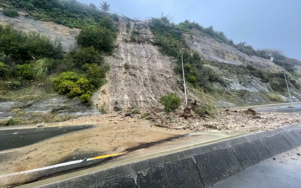 A slip on Rocks Road, Nelson, which was closed by slips after torrential rain  on 17 August.