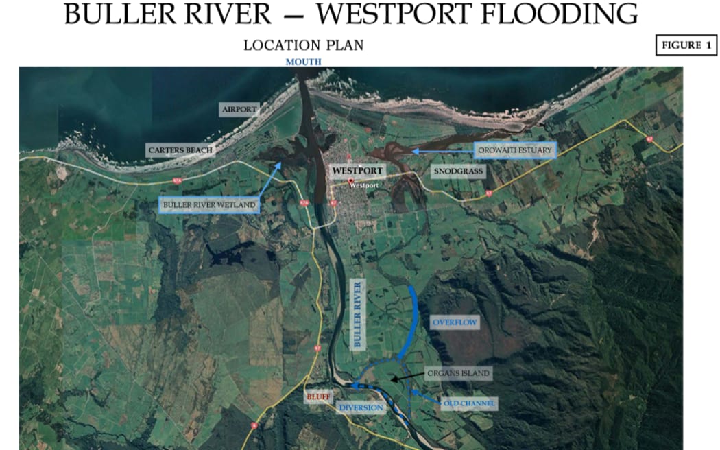 An aerial location map of the Buller flood plain at Westport