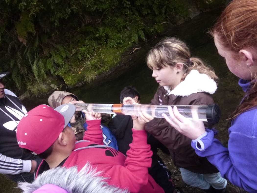 Students from Koraunui School measure water clarity at the Catchpool Valley Stream.