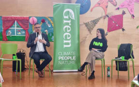 Greens Party co-leader James Shaw and Auckland Central candidate Chlöe Swarbrick at the climate safe communities public meeting in Auckland on 30 September, 2023.