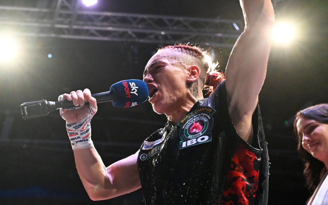 Mea Motu celebrates retaining the IBO Super Bantamweight World Title at Wahine Toa II fight week at McKay Stadium, Whangarei.