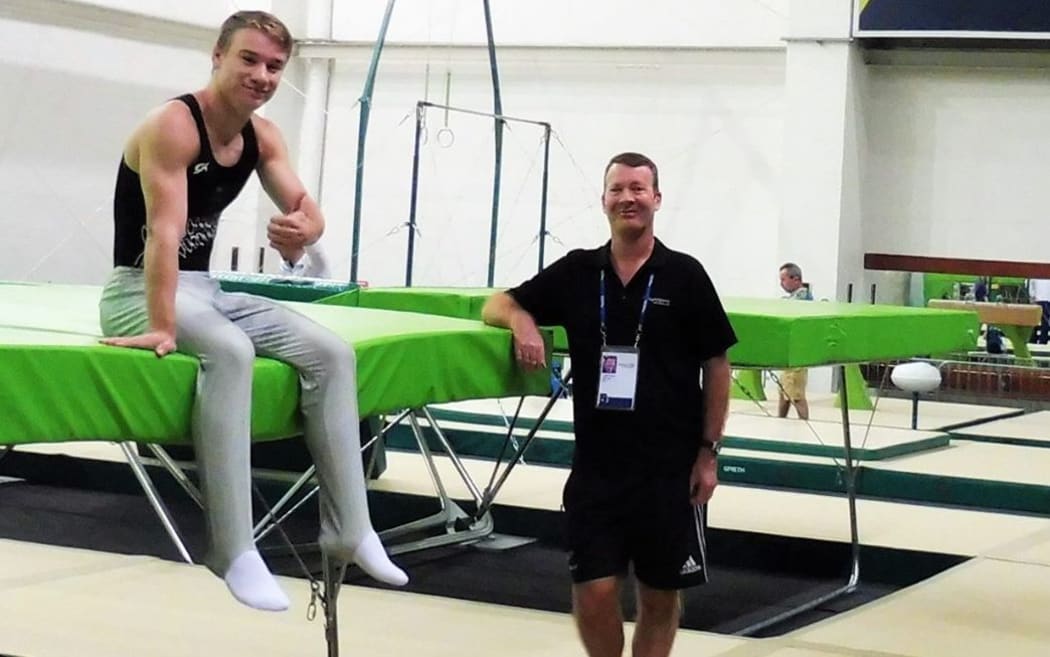 New Zealand trampolinist Dylan Schmidt, left, ahead of the test event in Rio on 20 April 2016.