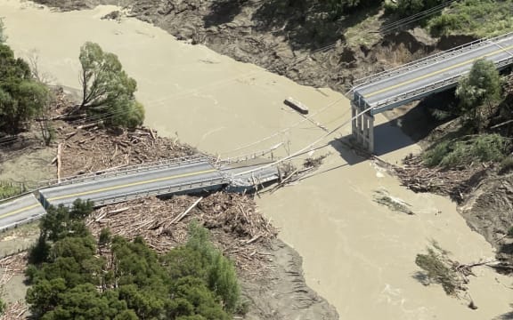 A damaged bridge seen during a flight over Gisborne after Cyclone Gabrielle.