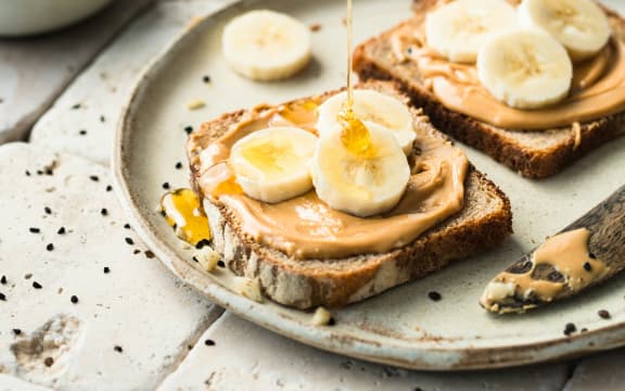 Peanut butter, banana and honey on toast.