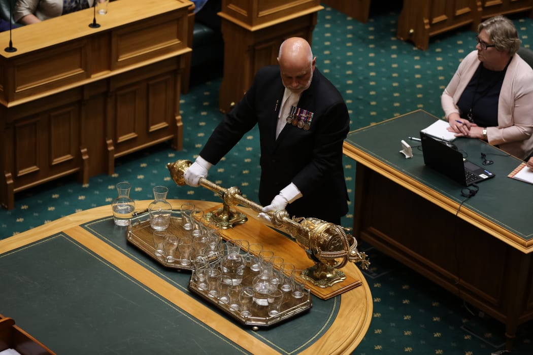 The Serjeant at Arms Places the Mace for the new Speaker Trevor Mallard