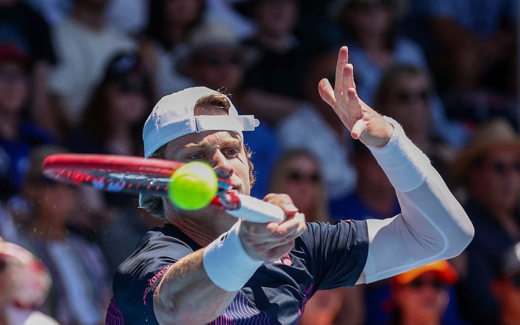 Zizou Bergs of Belgium plays a shot in the Singles Grand Final Match of the 2025 Men’s ASB Classic.