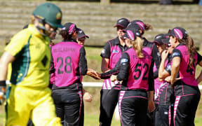 The White Ferns celebrate a wicket against Australia in the World T20 in India.