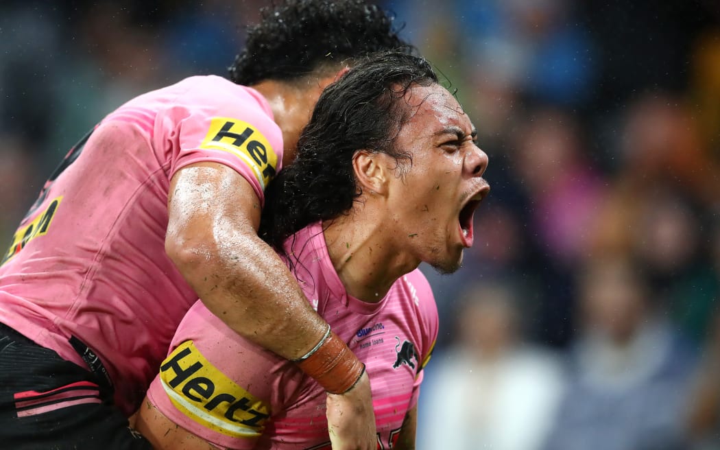 Jarome Luai of the Panthers celebrates a try.