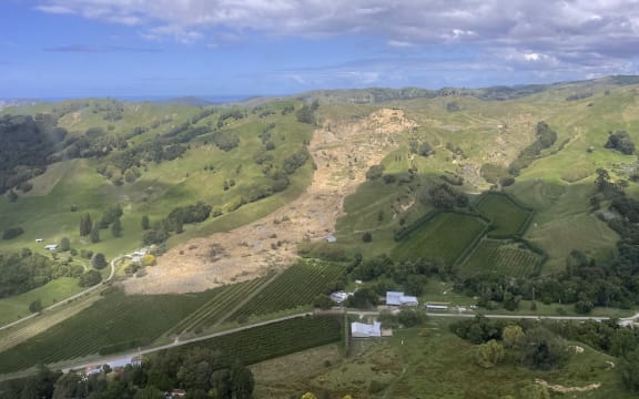 A massive slip seen from a Civil Defence fly over areas near Gisborne, as experts assessed the damage from Cyclone Gabrielle, on 18 February, 2023.