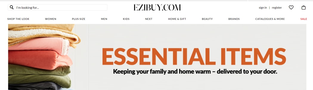 Ezibuy website's banner on essential items.