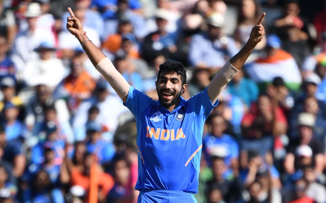 India's Jasprit Bumrah celebrates the wicket of West Indies' Carlos Brathwaite for one during the 2019 Cricket World Cup group stage match.