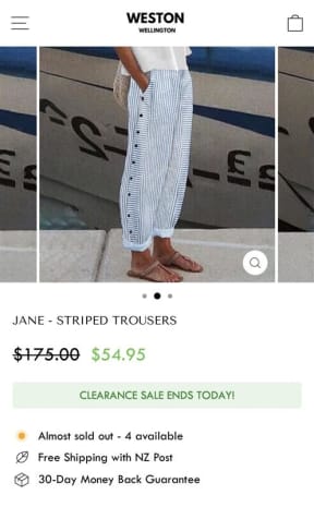 A screenshot of the pair of pants Howard purchased through "Weston Wellington".