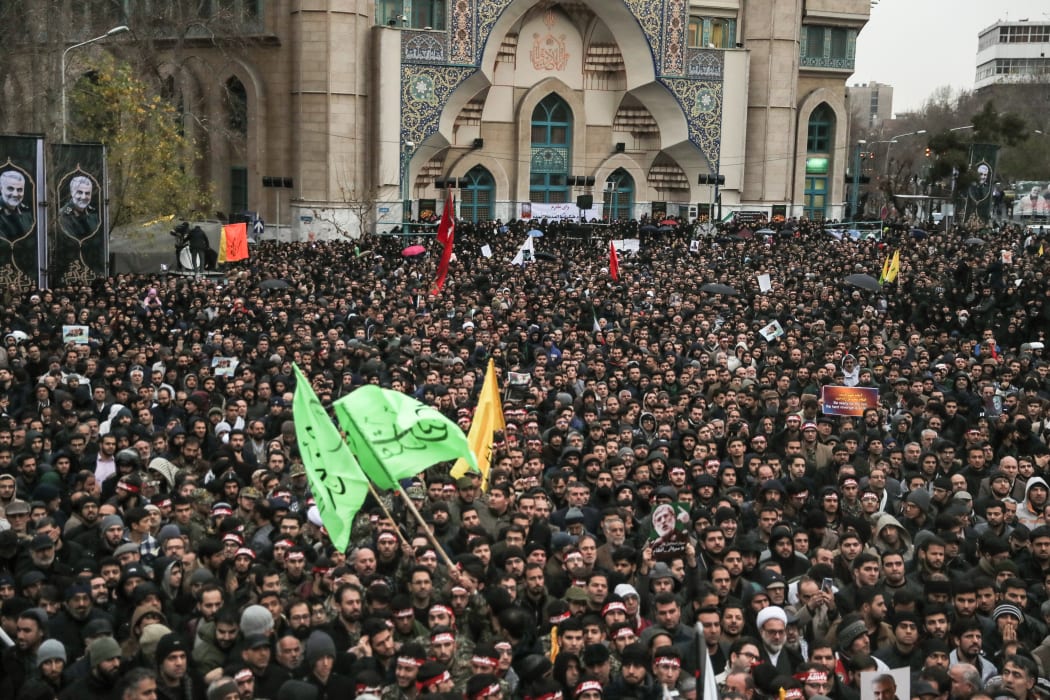 Iranians in Tehran take part in a mourning rally at Felestin Square in honour of Qassem Soleimani, commander of the elite Quds Force of the Iranian Revolutionary Guard, who was killed in a US airstrike on Baghdad airport late Thursday.