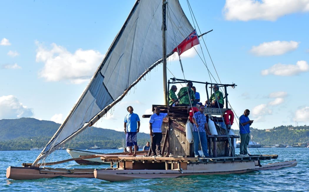Fijian Prime Minister Frank Bainimarama aboard a drua - a Fijian ocean-going canoe with the leaders of two of the most climate-vulnerable Pacific nations - President Taneti Maamau of Kiribati and Prime Minister Enele Sopoaga of Tuvalu.
