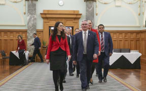 Jacinda Ardern and Kelvin Davis walking to media conference at Parliament after Little stands down.