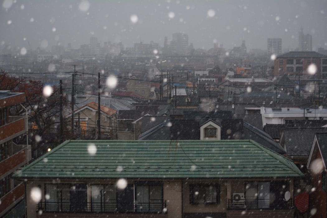 Snow falls across the rooftops of residential buildings during the early morning hours in Tokyo on November 24, 2016. 
KAZUHIRO NOGI / AFP