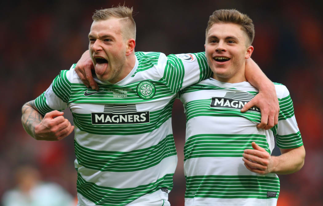 John Guidetti and James Forrest celebrate during Celtic's League Cup victory in March, 2015.