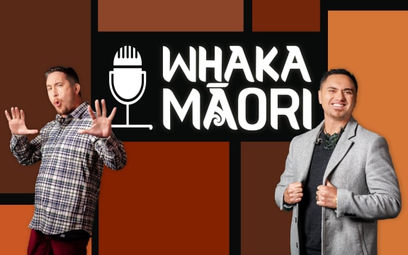 Two Whakamāori hosts stand in front of tiles of different brown colours. The text behind them reads: "WHAKAMĀORI."