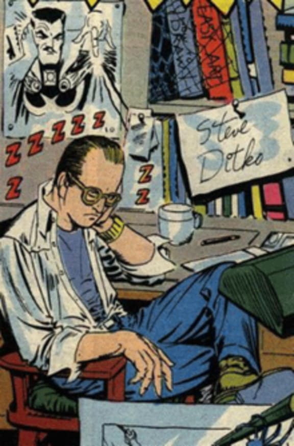 Artist Steve Ditko in a self-portrait published in a 1960s Marvel comic.