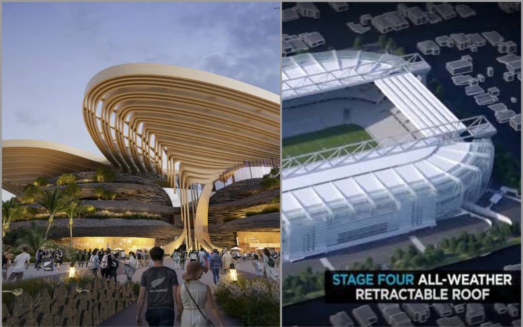Images of proposals for waterfront stadium and redevelopment of Eden Park