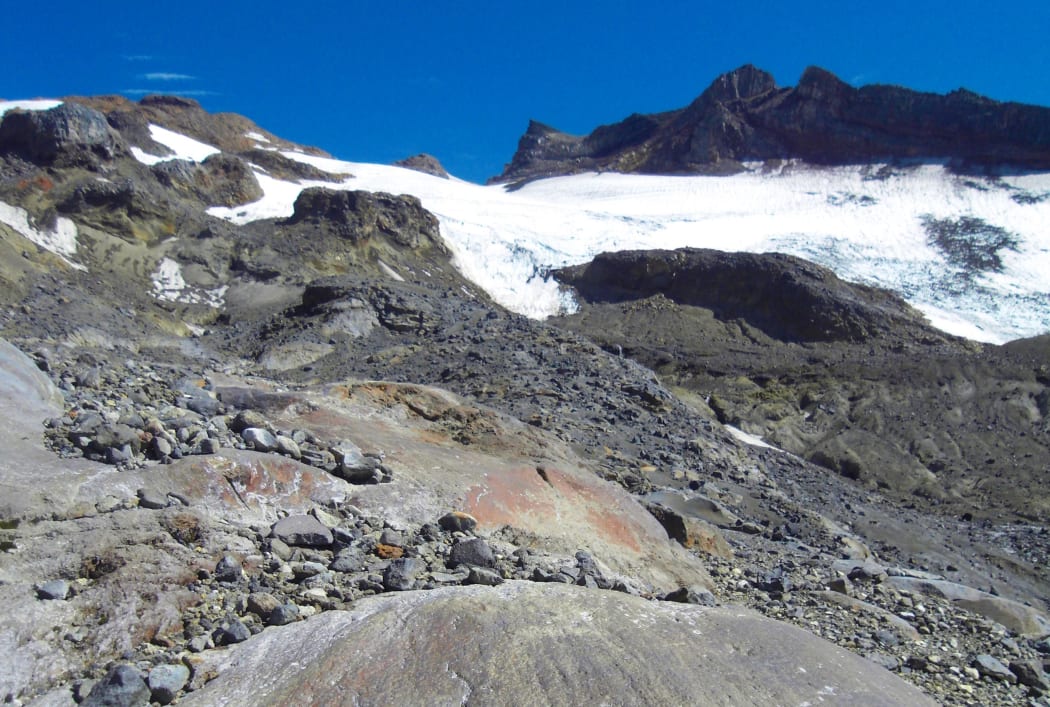 Glacially eroded bedrock in front of Mangatoetoenui Glacier on Mount Ruapehu.