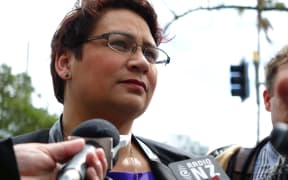 Metiria Turei speaking to media at the University of Auckland.