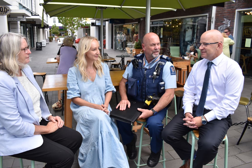 Discussing the features of the LifeKeepers initiative are (from left) Community Wellbeing Trust Manager Deirdre Ryan, Pegasus Health suicide prevention coordinator Elle Cradwick, local police officer Don Munro and Waimakariri MP Matt Doocey.